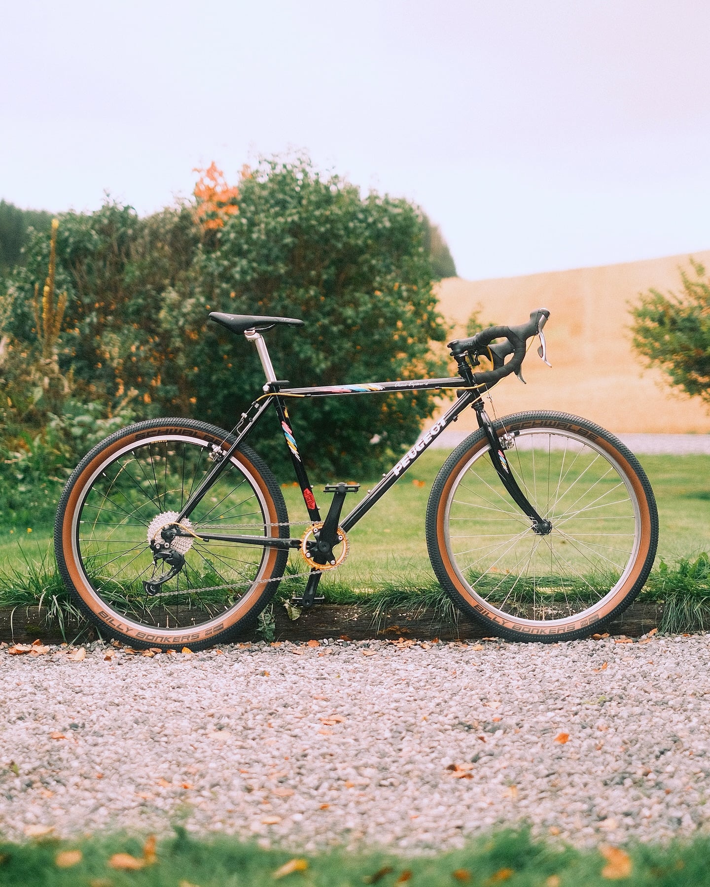 A dark Peugeot covered in white paint-splatter graphics, drop bars and tan-wall tyres, on a gravel drive with autumn shrubs behind.