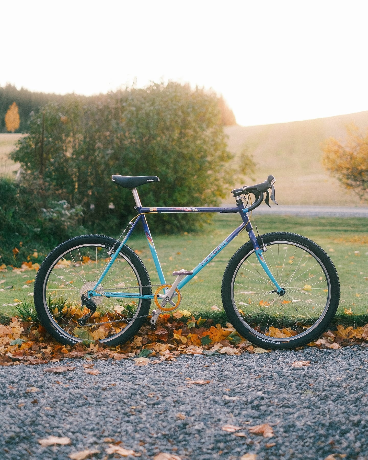 The built Peugeot Hurricane in low autumn sun. Turquoise-to-navy fade frame with paint splatter, orange chainring and knobby tyres, standing on gravel scattered with fallen leaves, a meadow and treeline behind.