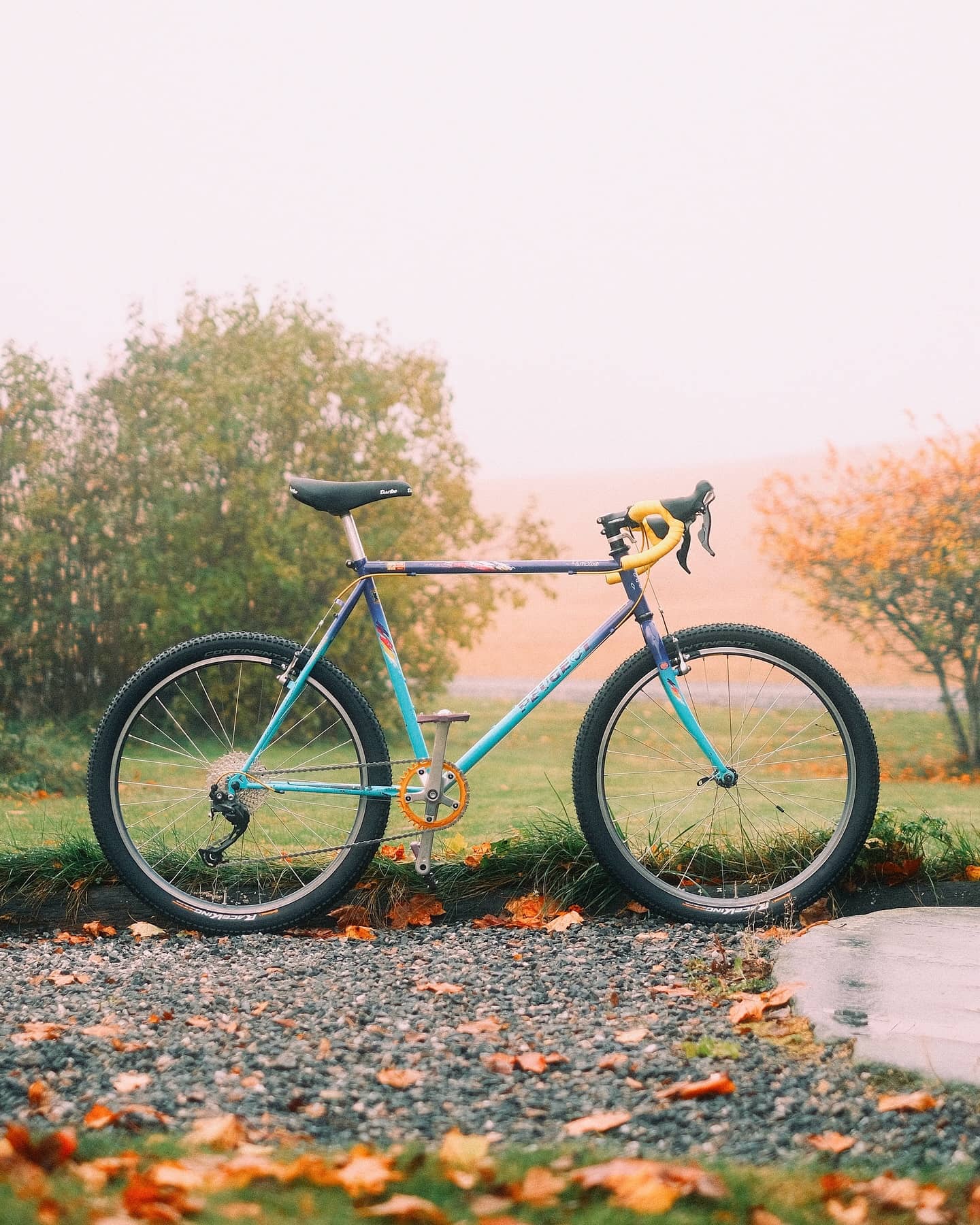 The same bike with yellow handlebar tape, standing on leaf-covered gravel in thick fog, autumn trees and a misty field behind it.