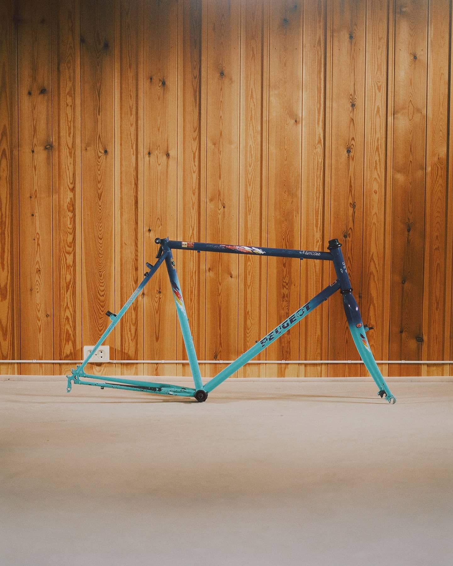 A bare Peugeot Hurricane frame and fork, fading from turquoise to navy, leaning against a pine-panelled workshop wall.